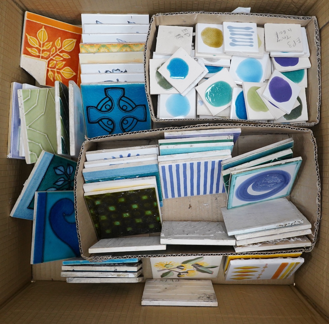 A collection of forty-three Kenneth Clark ceramic tiles and a quantity of related smaller spacer tiles, larger tiles 10x10cm